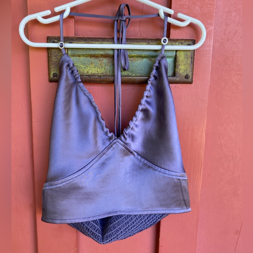 Satin cropped halter top with rhinestone strap